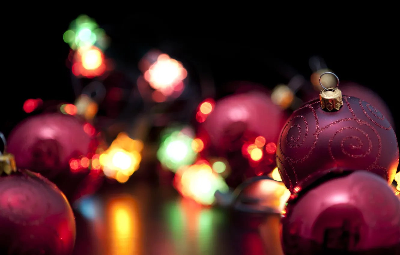 Photo wallpaper garland, Christmas balls, blur bokeh