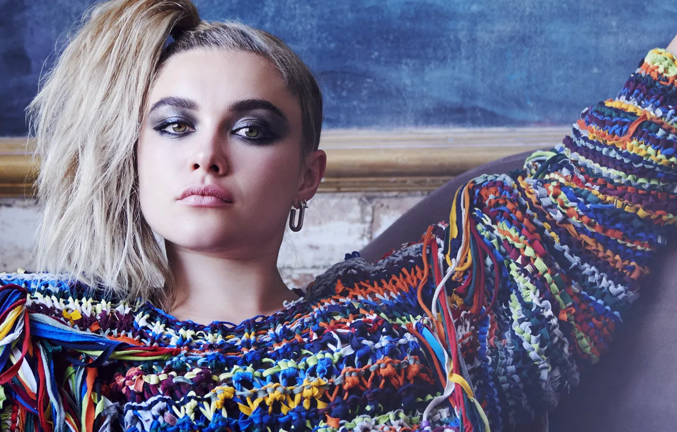 Photo wallpaper look, light, Florence Pugh, face, makeup, girl, sweater