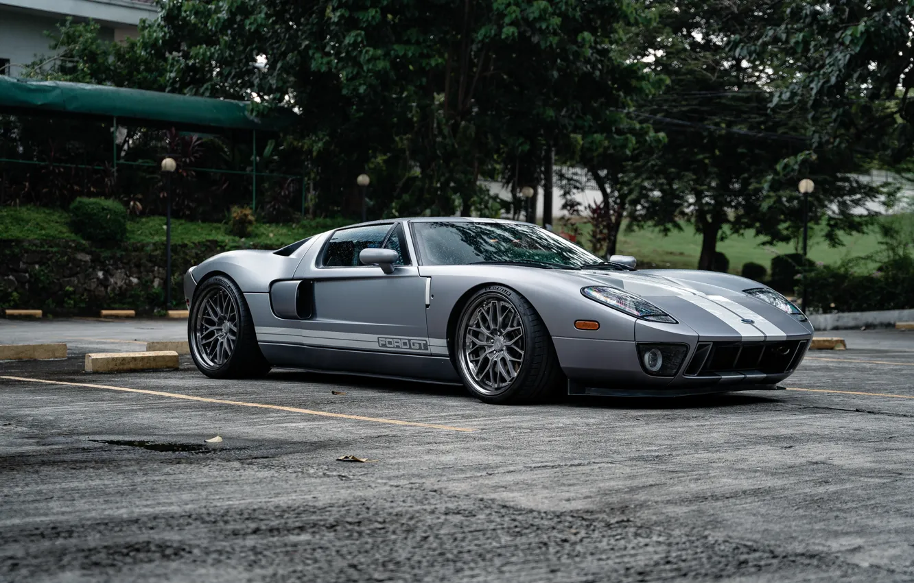 Photo wallpaper Ford, Ford GT, trees, grey, parking