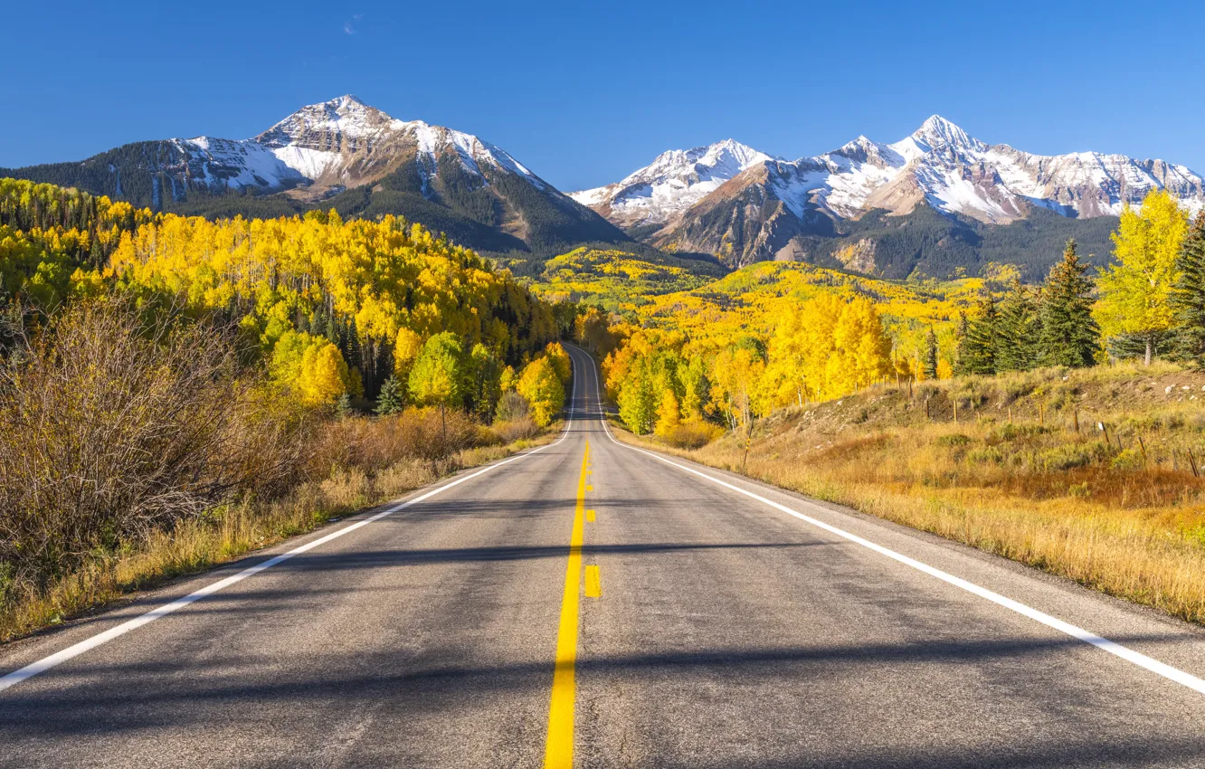 Photo wallpaper road, autumn, forest, mountains, highway