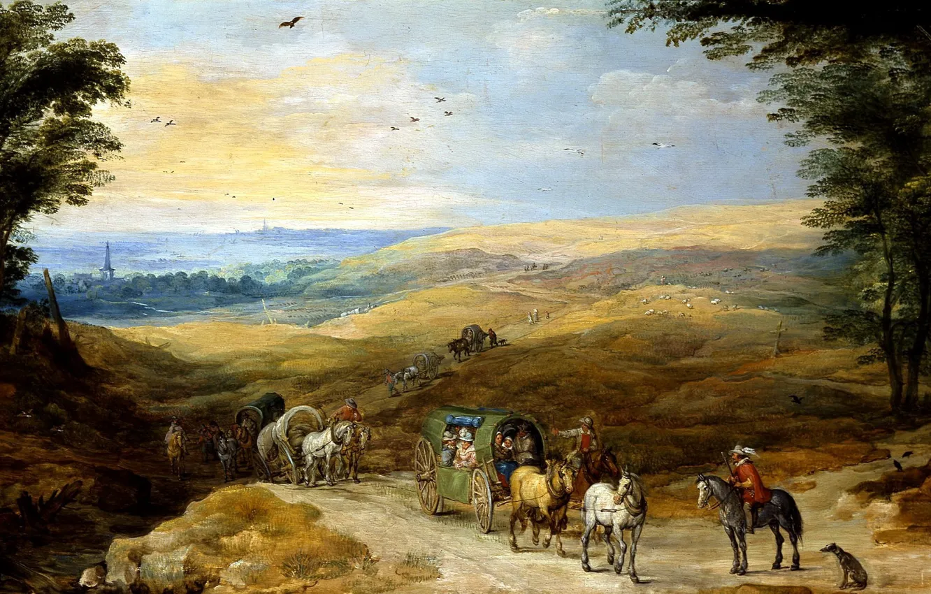 Photo wallpaper picture, wagon, rider, A landscape with Travelers, Jan Brueghel the elder