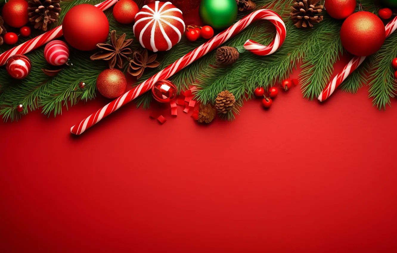 Photo wallpaper balls, branches, red, new year, Christmas, needles, bumps, red background