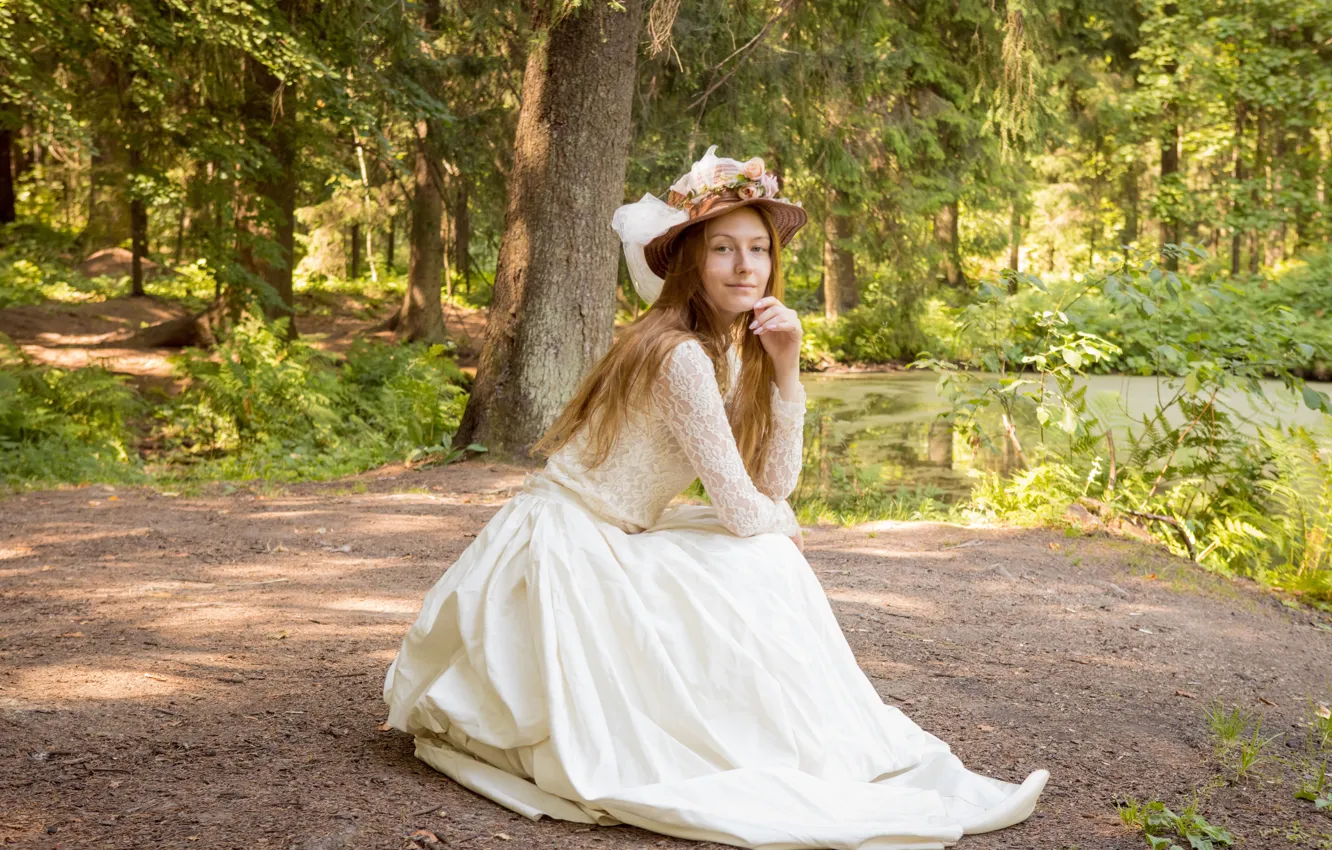 Photo wallpaper forest, long hair, trees, nature, model, countryside, pond, posing