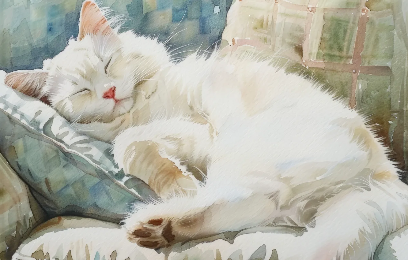 Photo wallpaper cat, white, cat, pillow, art, sleeping, digital art, imitation painting