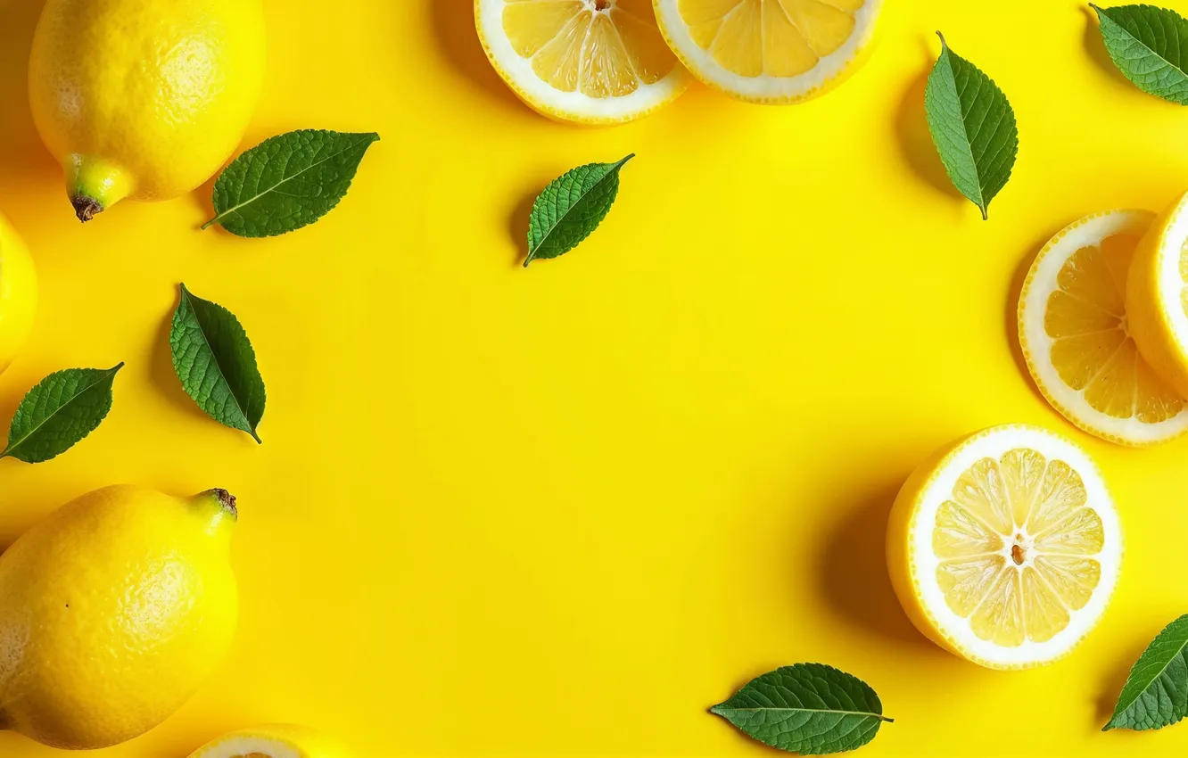 Photo wallpaper leaves, lemon, slices, AI art