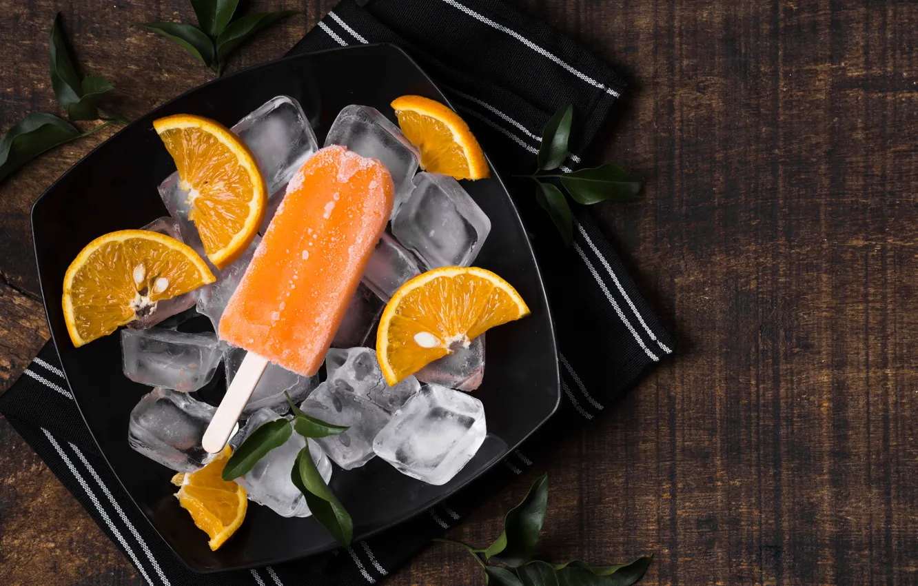 Photo wallpaper background, orange, plate, ice cream, Popsicle, slices, orange, ice cubes