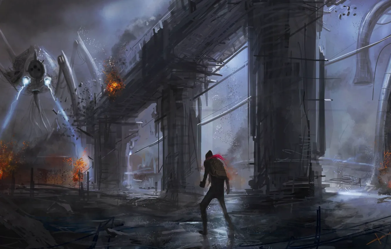 Photo wallpaper night, lights, people, tentacles, destruction, Montr