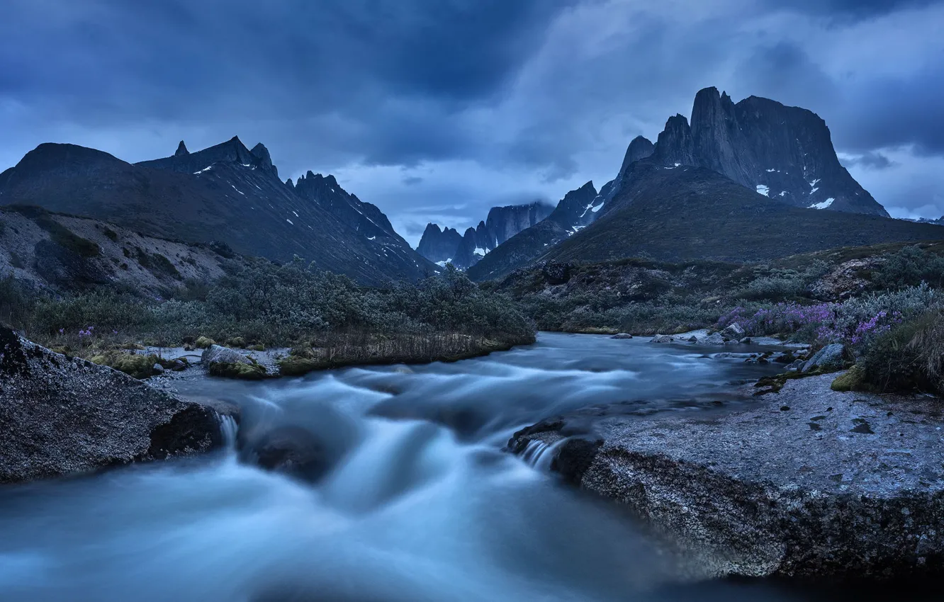 Photo wallpaper the sky, clouds, trees, mountains, clouds, nature, river, rocks