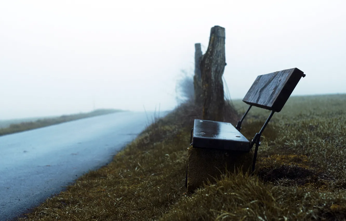 Photo wallpaper road, fog, bench
