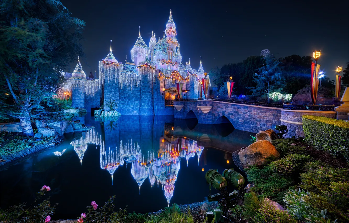 Photo wallpaper bridge, pond, reflection, castle, CA, California, illumination, Disneyland