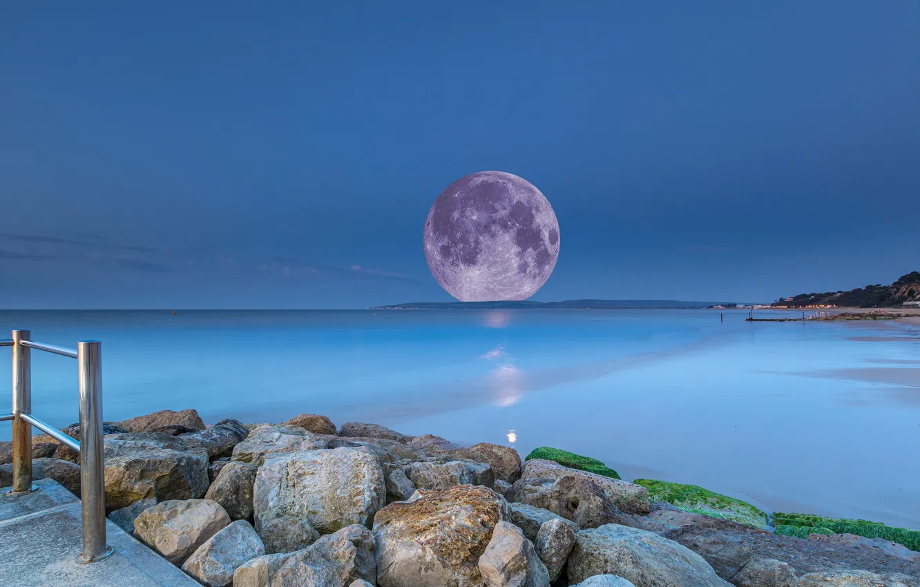 Photo wallpaper sea, beach, night, blue, stones, the moon, shore, coast