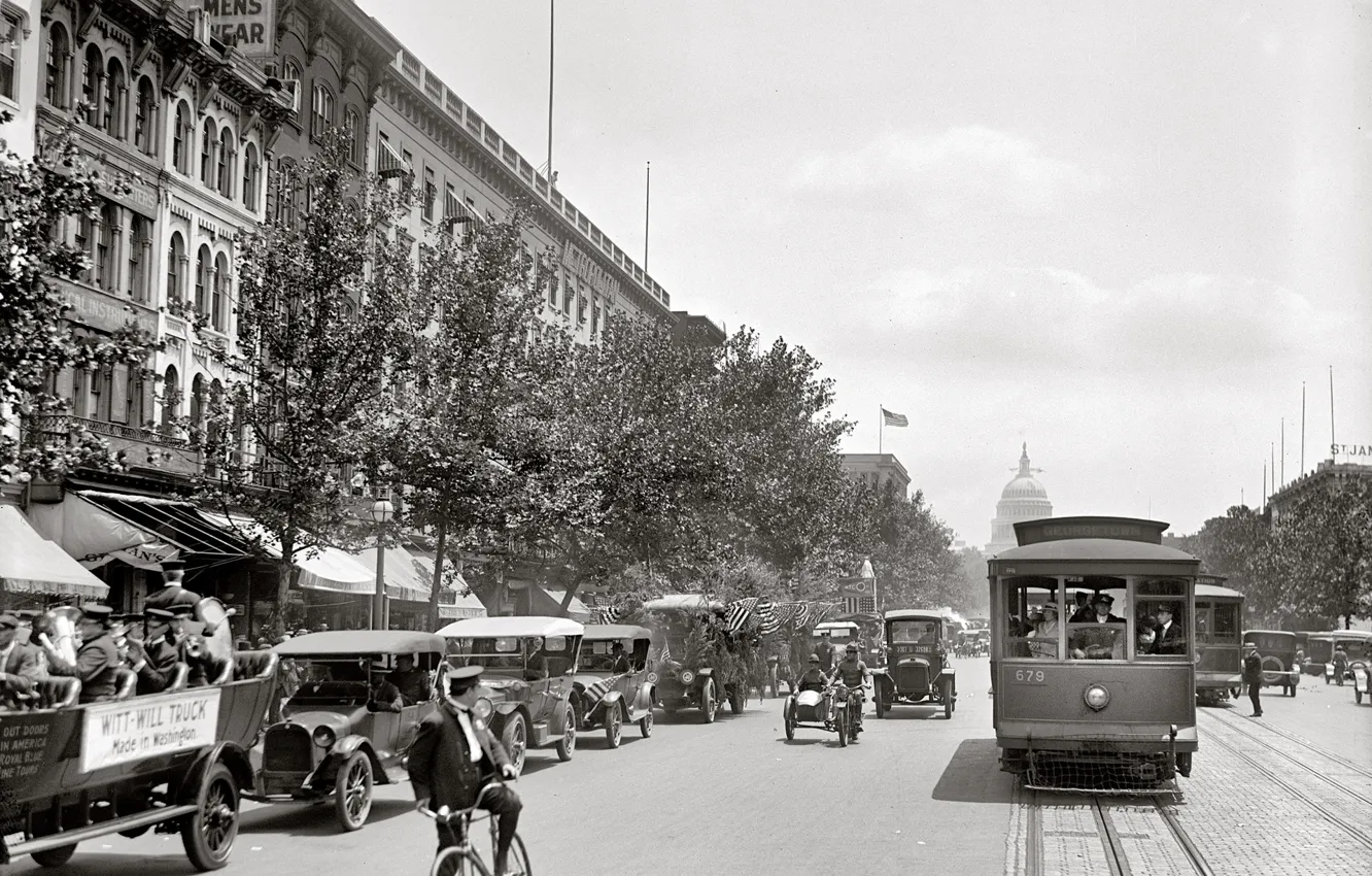 Photo wallpaper retro, street, Washington, tram, USA, Capitol, car, 1919 year