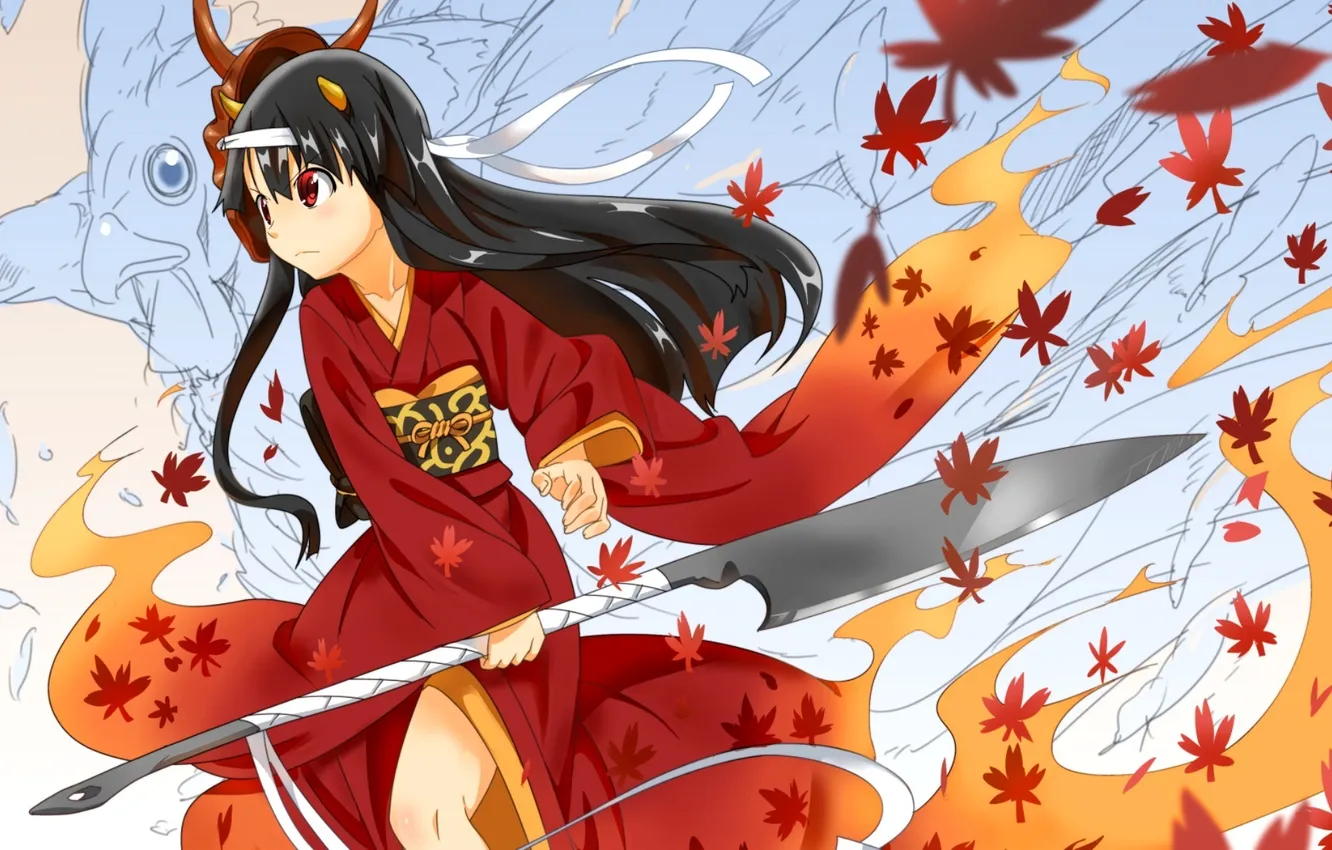 Photo wallpaper autumn, leaves, bird, mask, girl, yukata, horn, hinomoto oniko