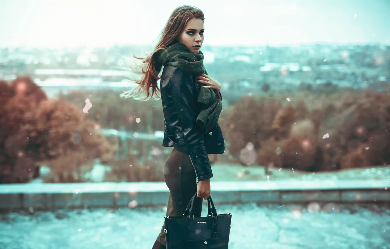 Photo wallpaper girl, snow, the wind, scarf, jacket, cold