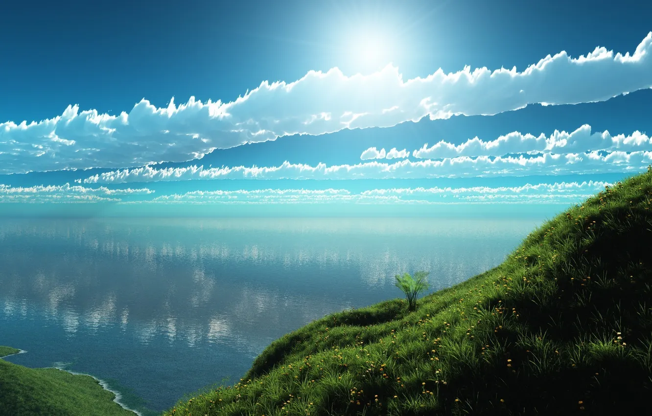 Photo wallpaper grass, clouds, lake, shore