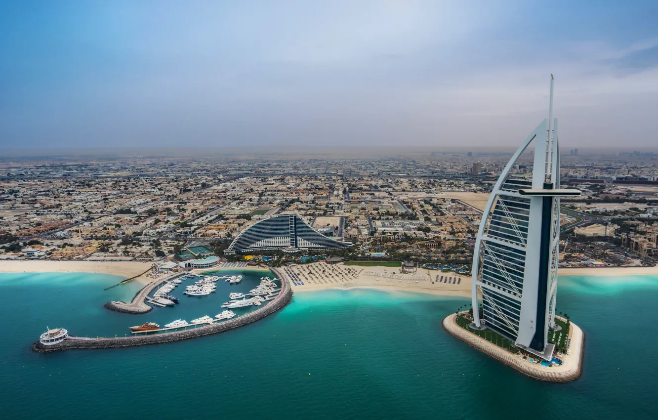Photo wallpaper sea, beach, coast, building, Bay, panorama, Dubai, Dubai