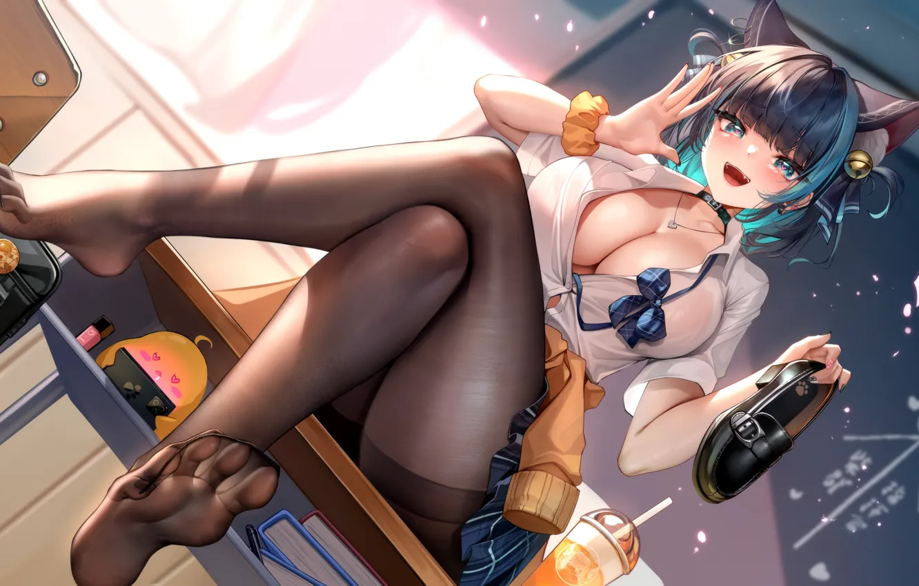 Photo wallpaper chickens, hearts, ears, desks, cheshire, Azur Lane