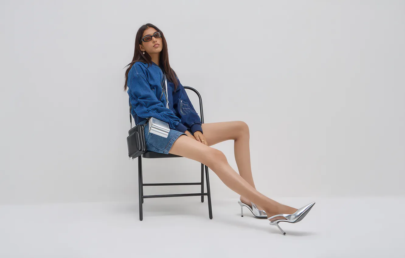 Photo wallpaper girl, chair, sitting, jacket, denim