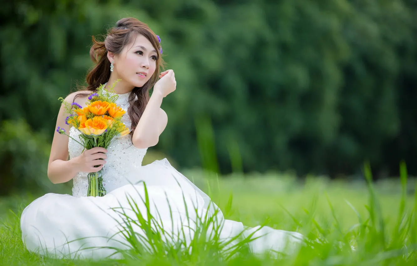 Photo wallpaper girl, flowers, Asian
