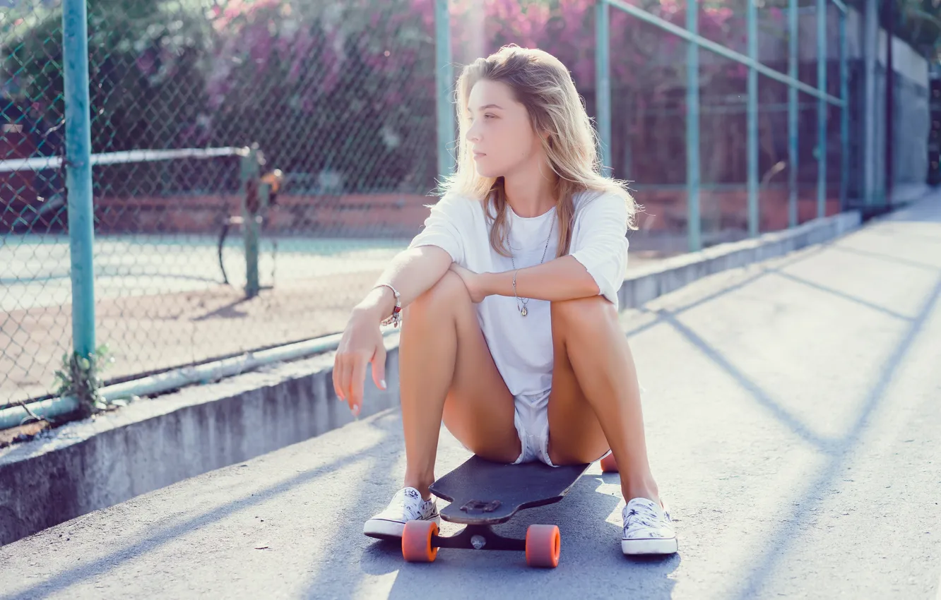 Photo wallpaper girl, shorts, beautiful, skateboard, sneakers
