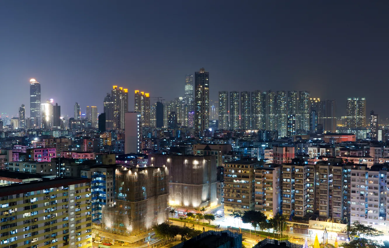 Photo wallpaper night, lights, home, Hong Kong, skyscrapers, China, megapolis, street
