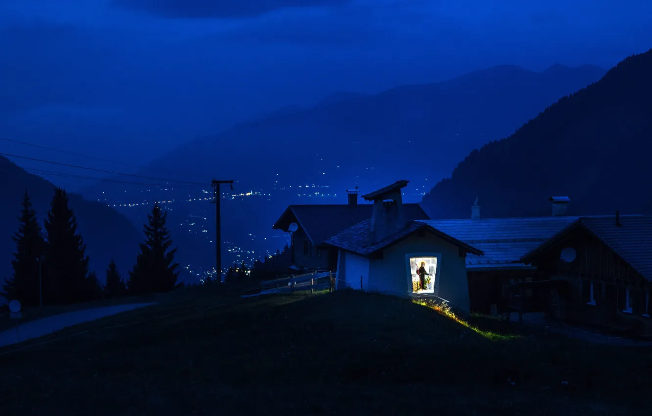 Photo wallpaper mountains, night, lights