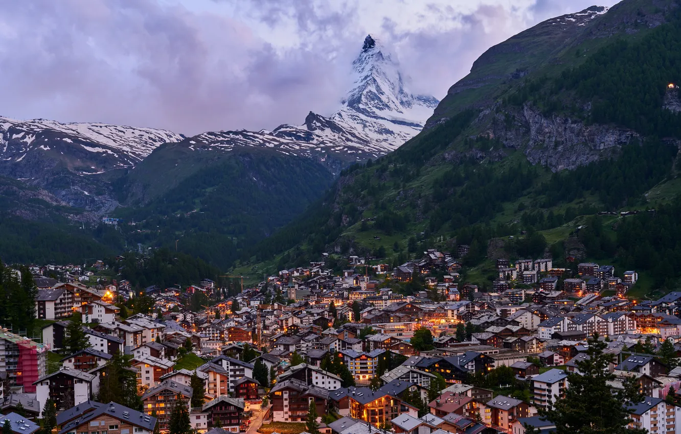 Photo wallpaper mountains, building, the evening, Switzerland, Alps