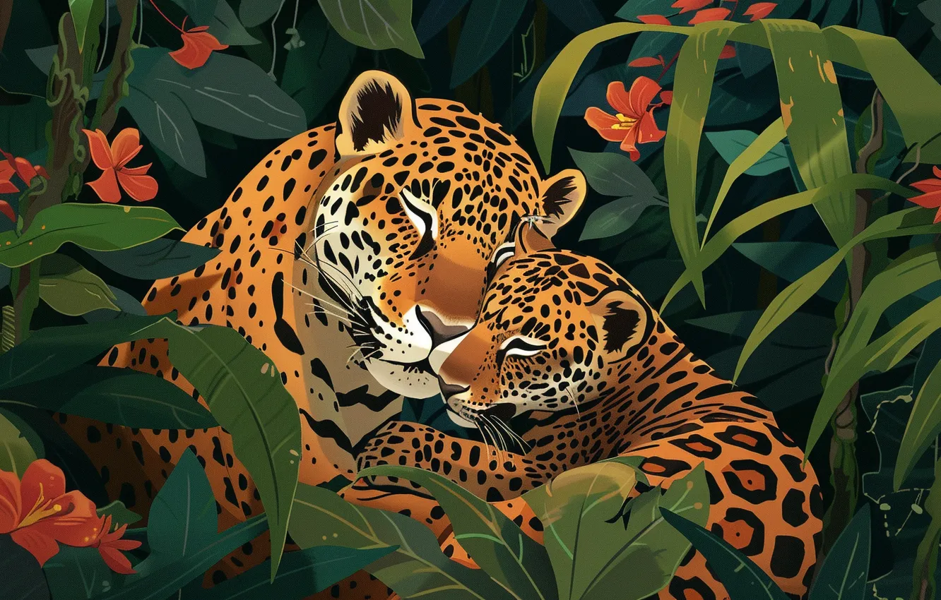 Photo wallpaper leaves, flowers, predator, Jaguar, cub, kitty, two, big cats
