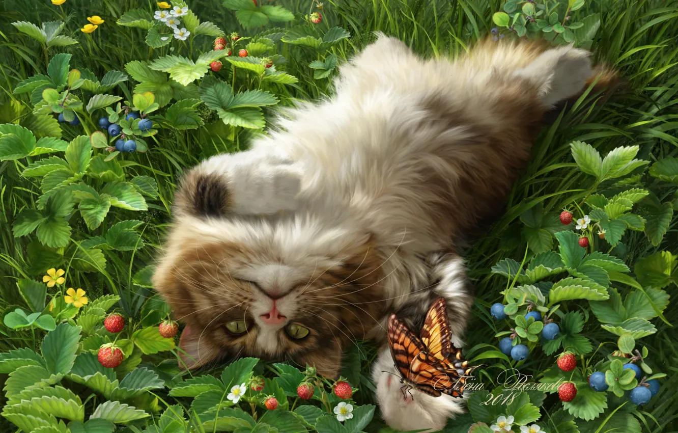 Photo wallpaper cat, berries, butterfly, fluffy, blueberries, strawberries, cat