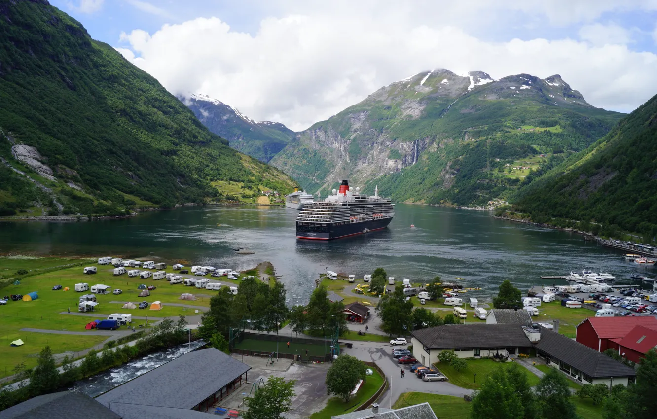 Photo wallpaper sea, mountains, the city, ships, Bay, Norway, the fjord, liners
