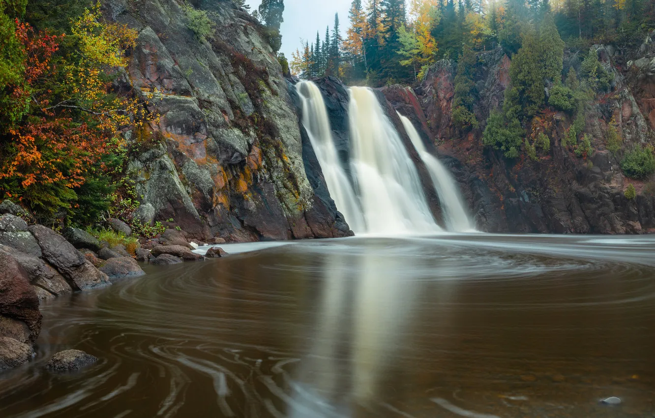 Photo wallpaper autumn, forest, rocks, shore, waterfall, stream, pond