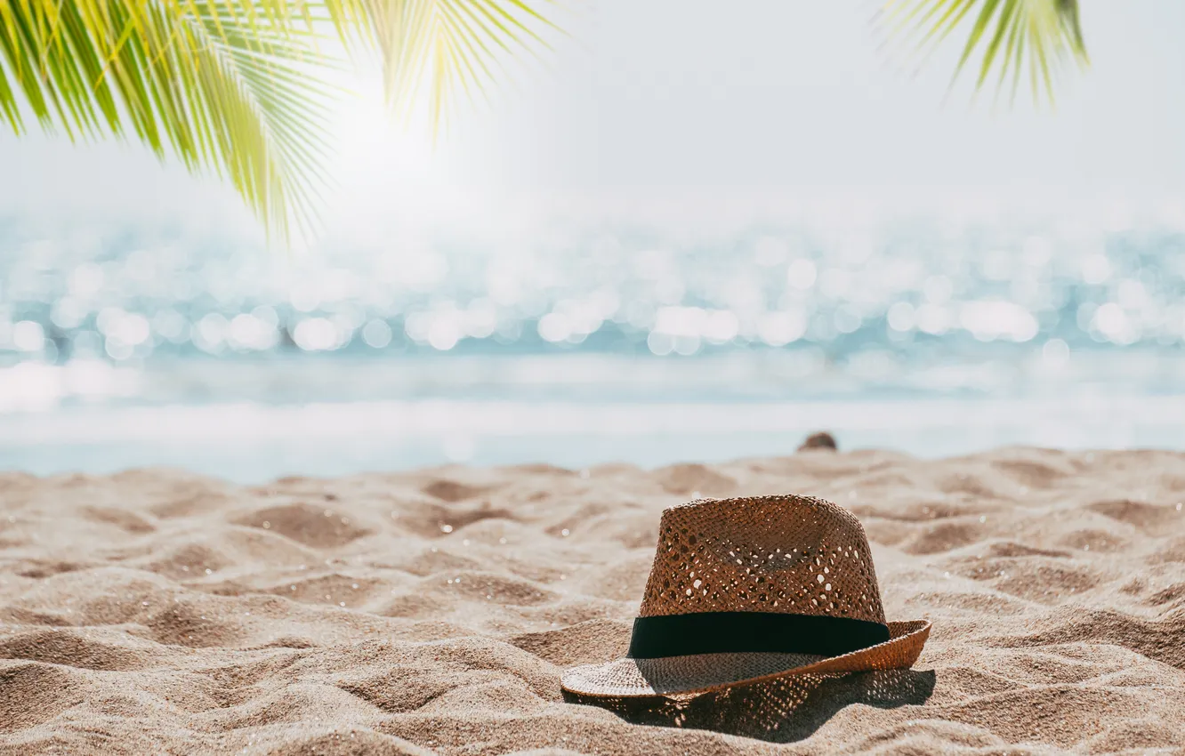 Photo wallpaper sand, sea, wave, beach, summer, the sky, the sun, palm trees