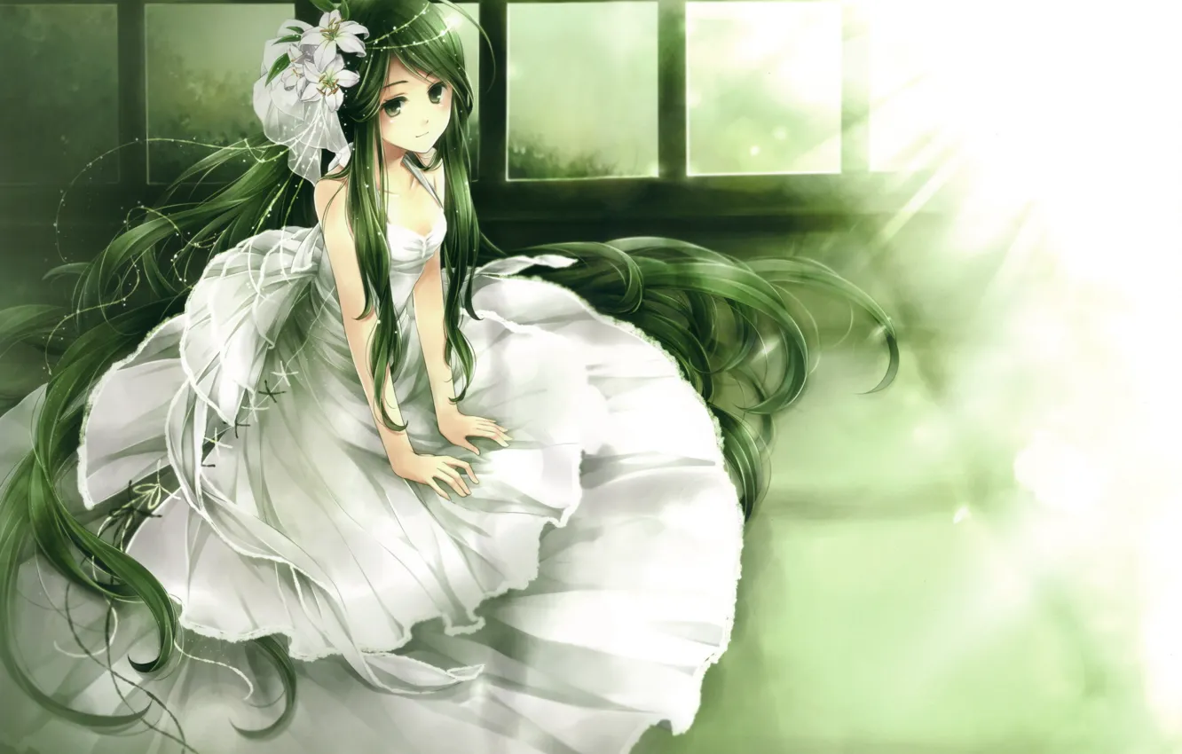 Photo wallpaper girl, light, flowers, Dress, the bride, green hair