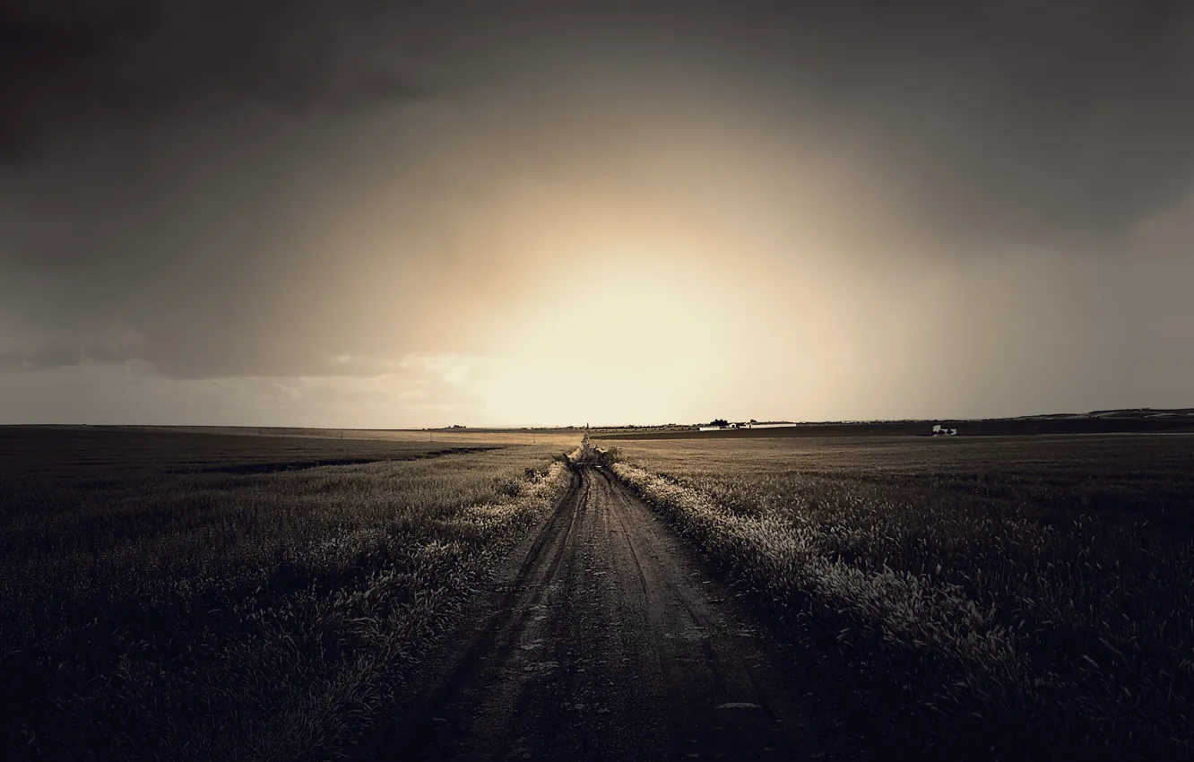 Photo wallpaper road, field, the sky, grass, the sun, clouds, light, landscape