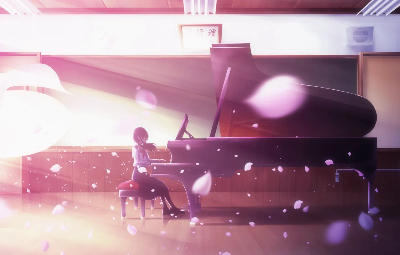 Photo wallpaper petals, schoolgirl, piano