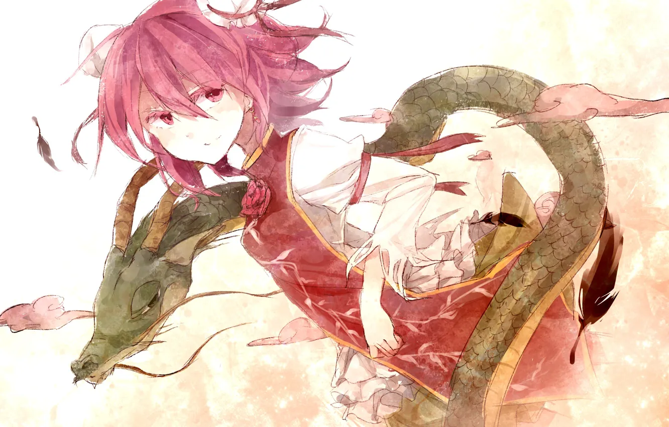Photo wallpaper dragon, feathers, snakes, Horny, pink hair, pink clouds, Ibaraki Kasen, Touhou Project