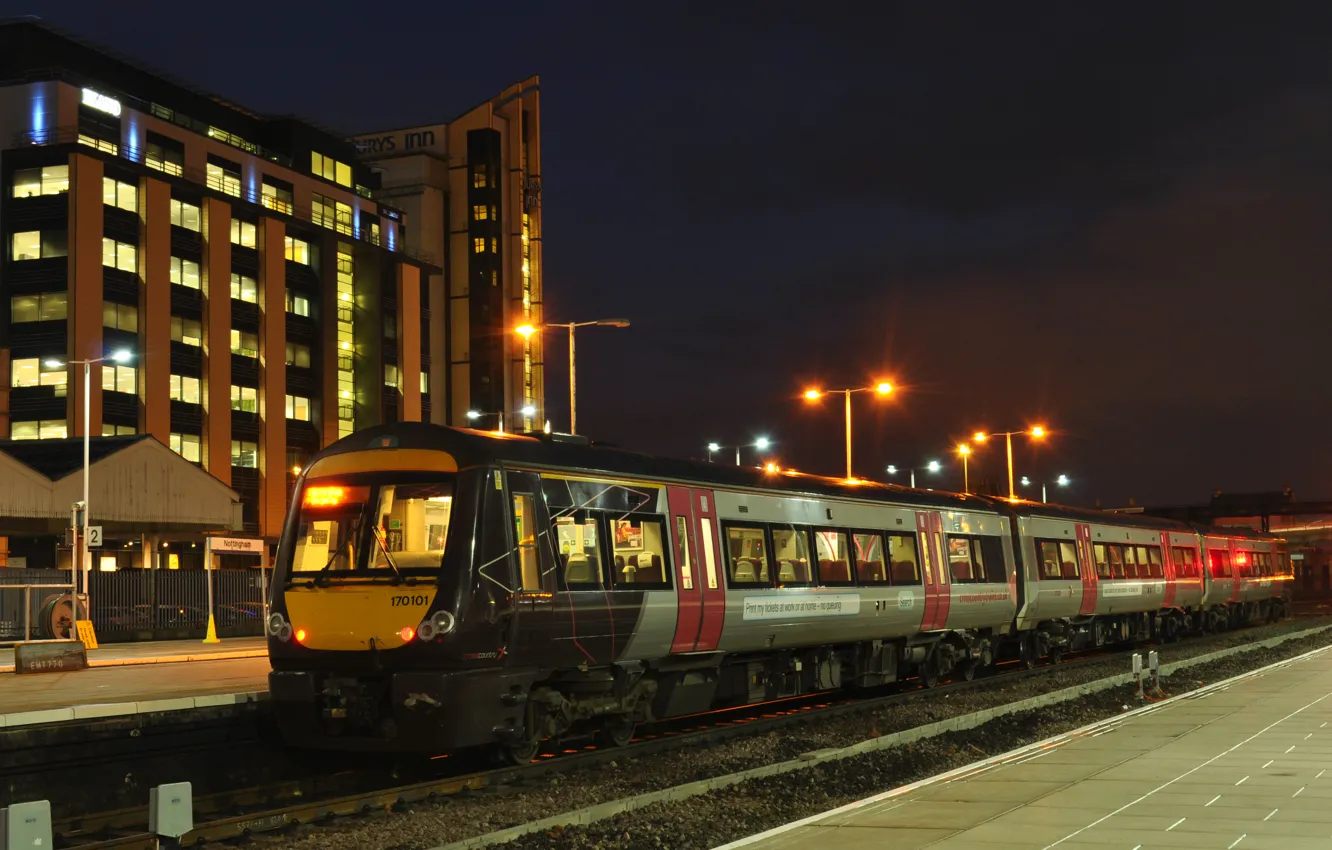 Photo wallpaper lights, station, the evening, the platform, railroad, passenger train