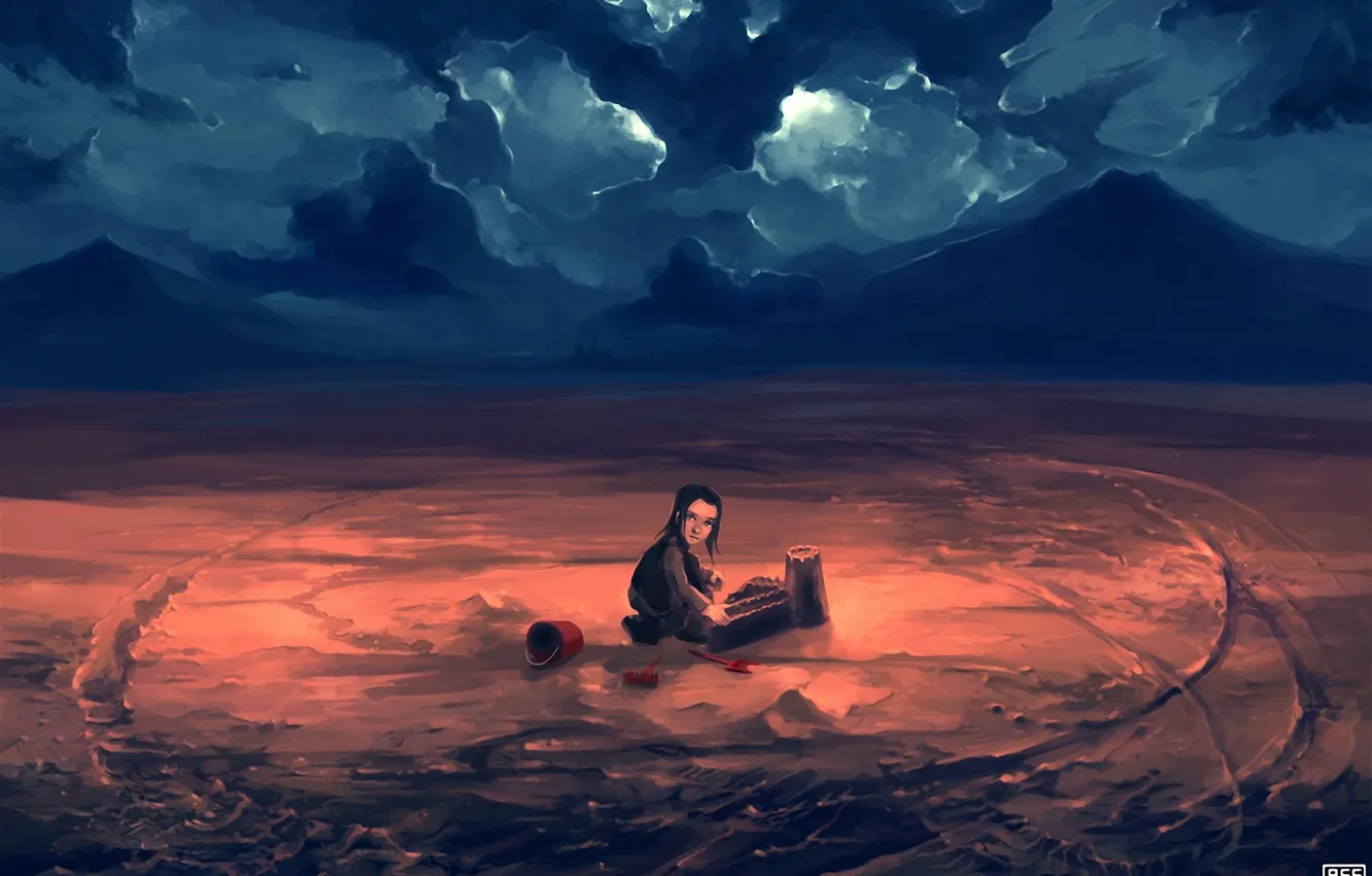 Photo wallpaper clouds, boy, art, bucket, sand castle, scoop