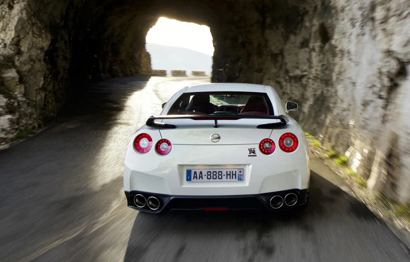 Photo wallpaper road, white, speed, supercar, Nissan, GT-R, tunnel, Nissan