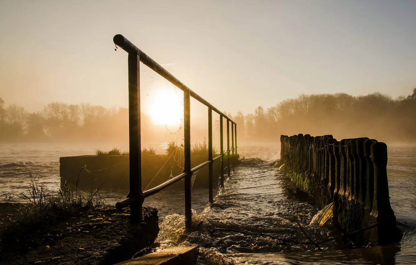 Photo wallpaper landscape, bridge, fog, river, morning