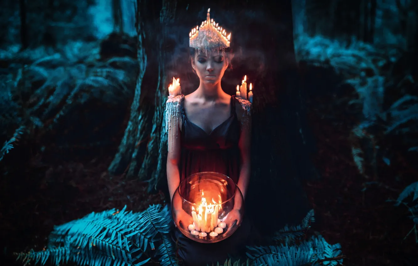 Photo wallpaper flame, forest, crown, sleep, candle, mystic