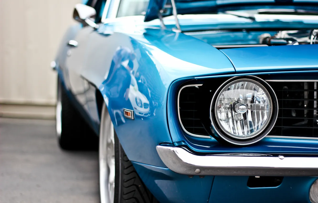 Photo wallpaper blue, headlight, Chevrolet, Camaro, Chevrolet, muscle car, blue, muscle car