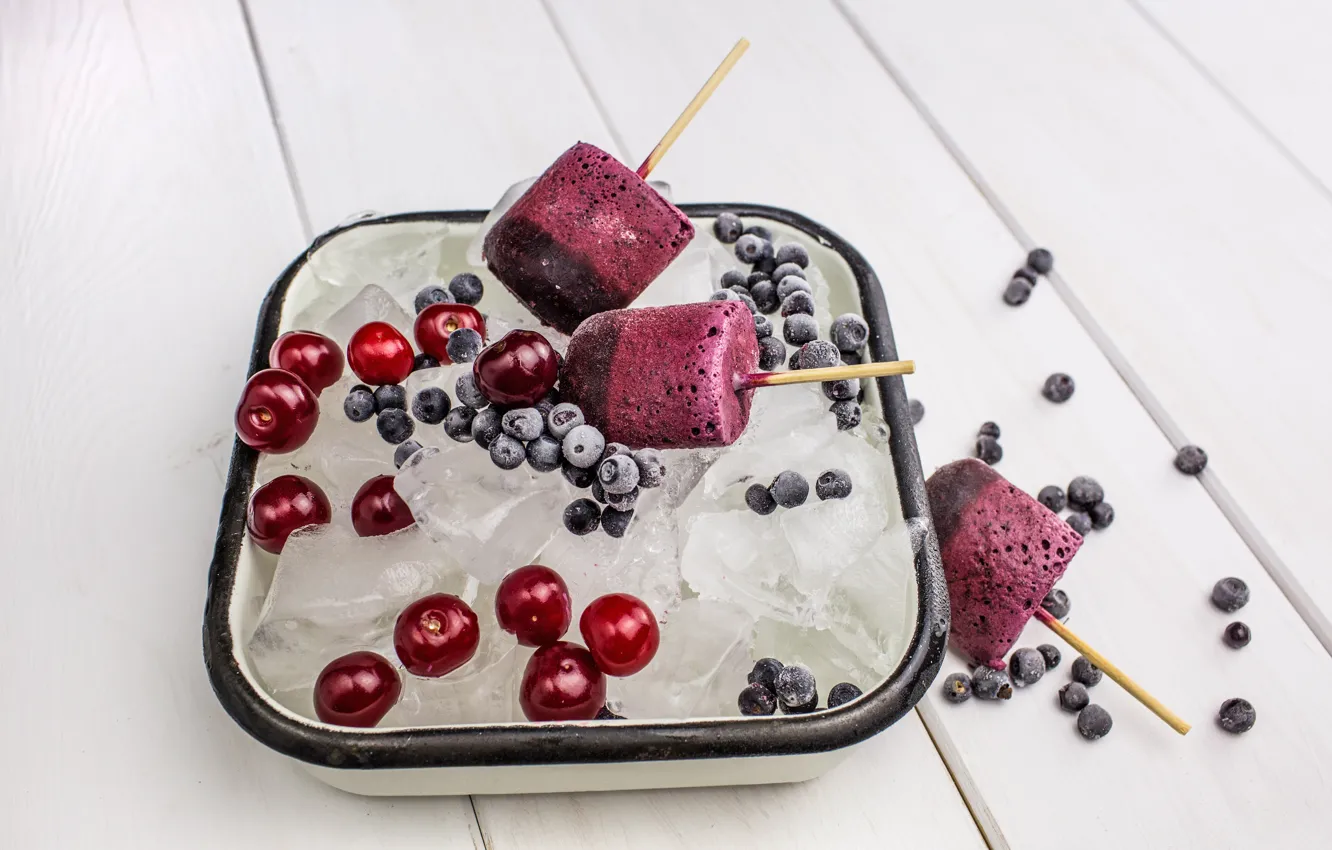 Photo wallpaper ice, cherry, blueberries, ice cream, dessert, ice cream, berry