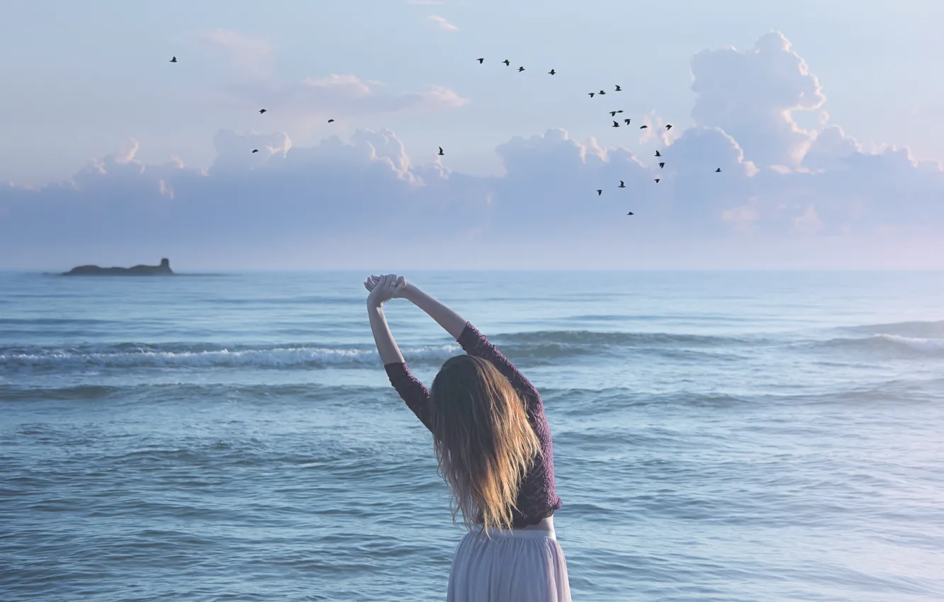 Photo wallpaper sea, wave, girl, bird, skirt