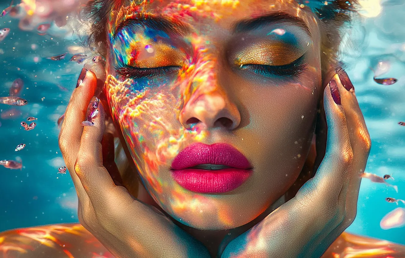 Photo wallpaper bright colors, face, sexy, portrait, makeup, under water, beautiful girl, face