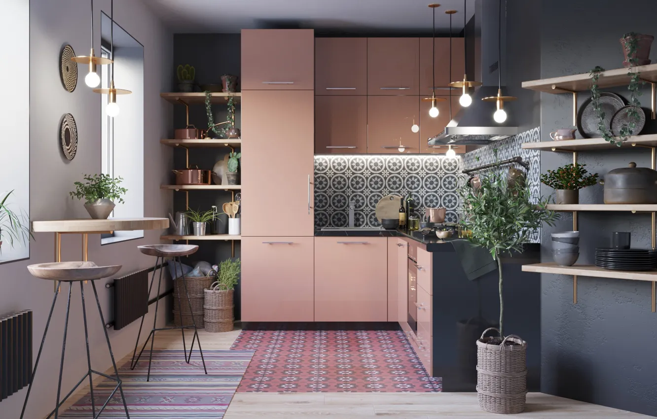 Photo wallpaper design, style, interior, kitchen, dining room, Scandinavian, apartment for a single