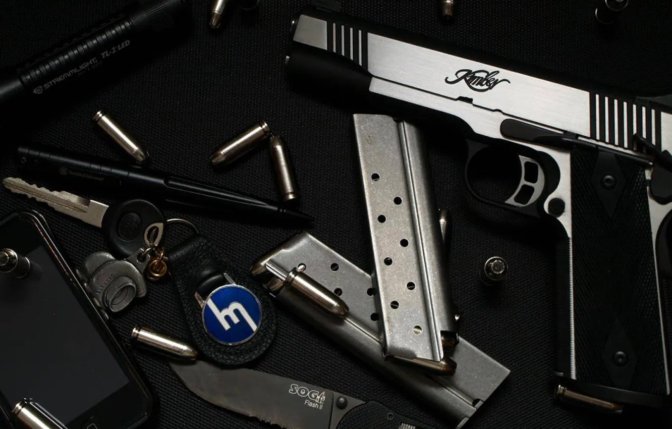 Photo wallpaper gun, key, lights, handle, knife, cartridges, clip, mobile