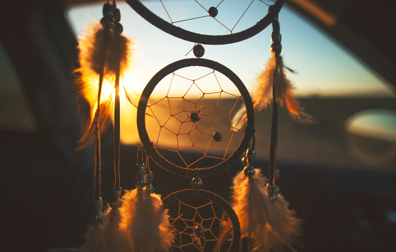 Photo wallpaper sunset, feathers, dreams, catcher