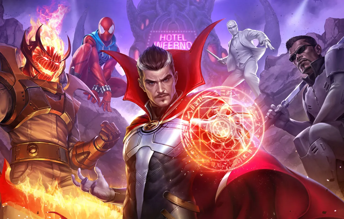 Photo wallpaper Marvel, blade, Spiderman, Future Fight, Marvel Future Fight, Dr. Strange, Dormamu
