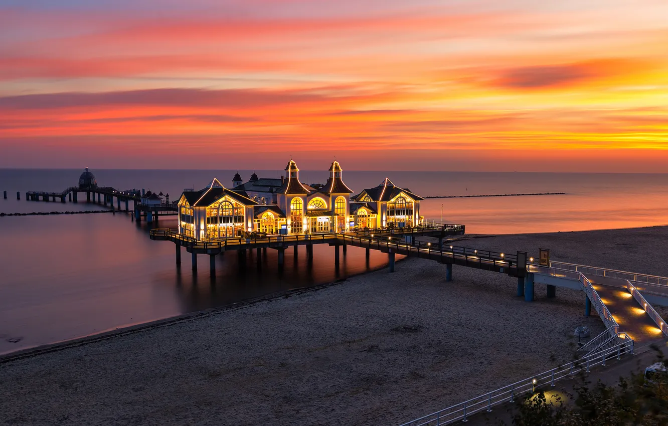 Photo wallpaper sea, the sky, sunset, shore, horizon, pierce